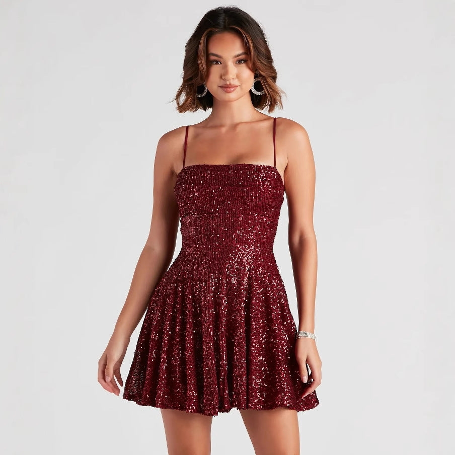 Summer Casual Sexy Sequined Suspender A line Dress Elegant Bella Mia